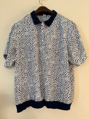 PRICE FIRM Vintage Printed Blue White Short Sleeve Shirt 1X Plus Size